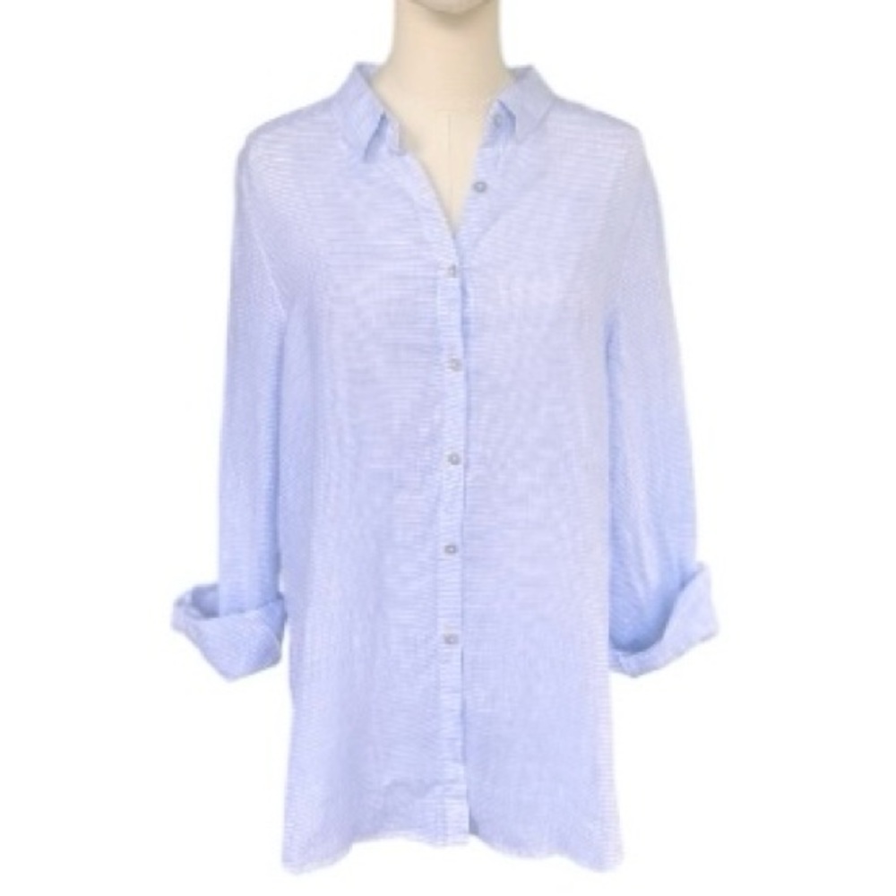 St. Tropez West Women’s Linen Collared Button Down Shirt / Top size large - blue